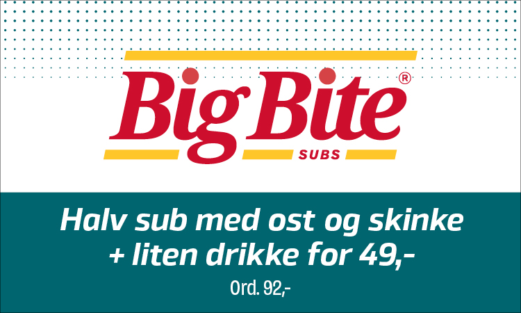 Big Bite: 1/2 sub med ost og skinke inkl. 0,4l drikke 49,-